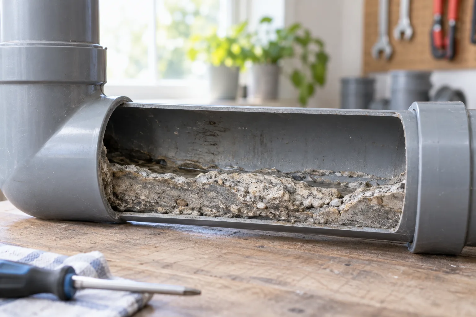Plastik atık su borusunda sertleşmiş beton birikiminin temsili kesiti
