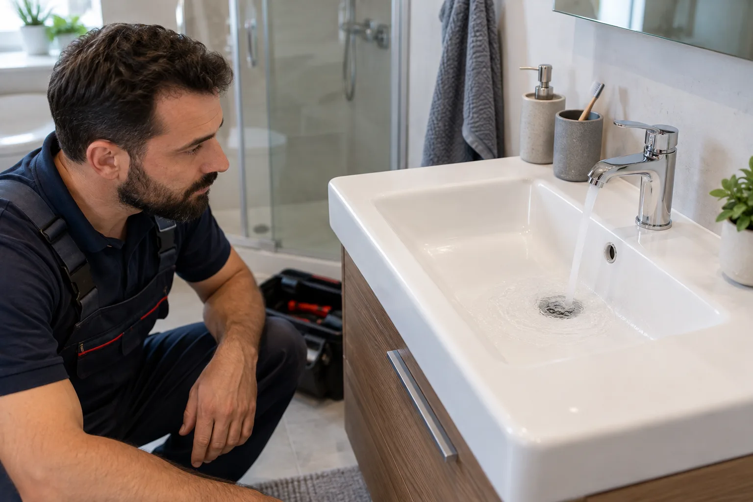 Temizlik sonrası lavabo akışını kontrol eden uzman