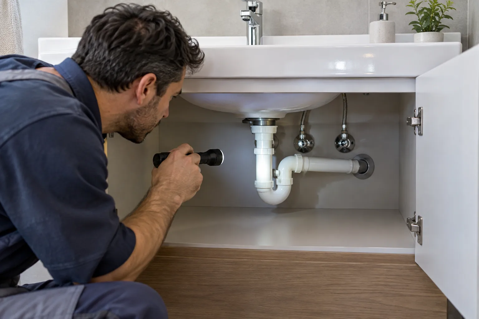 Lavabo gider bağlantısını ışıkla kontrol eden uzman