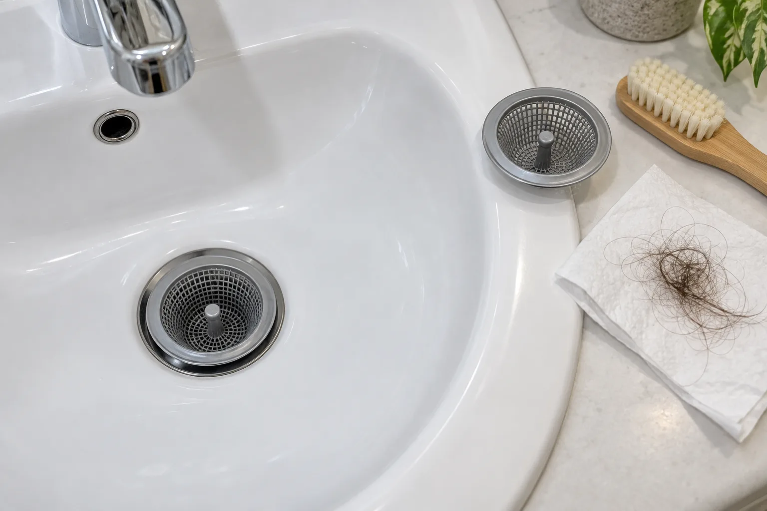 Banyo lavabosundaki saç tutucu süzgeç ve temizleme fırçası