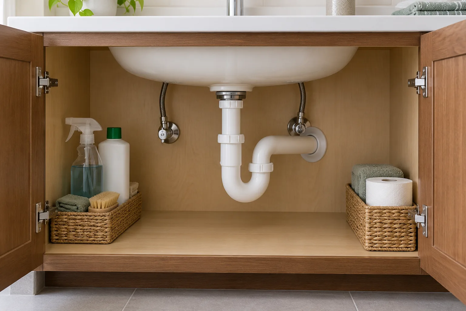 Bakım erişimi açık bırakılmış lavabo altı sifonu ve kuru dolap zemini