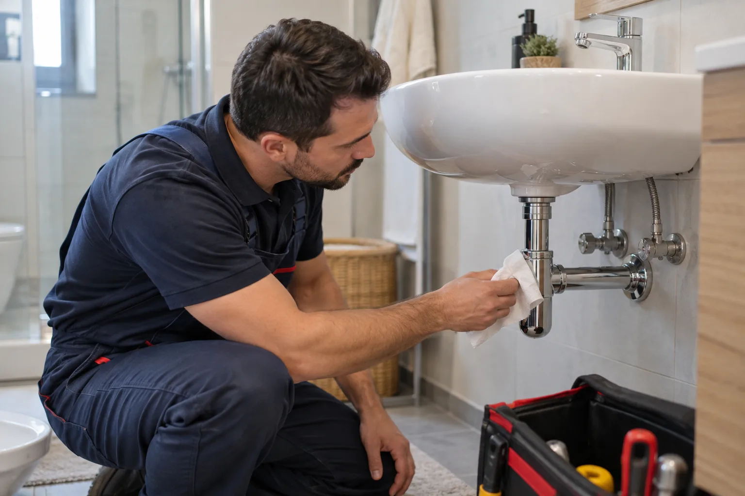 Lavabo gider bağlantısında sızıntı kontrolü yapan uzman