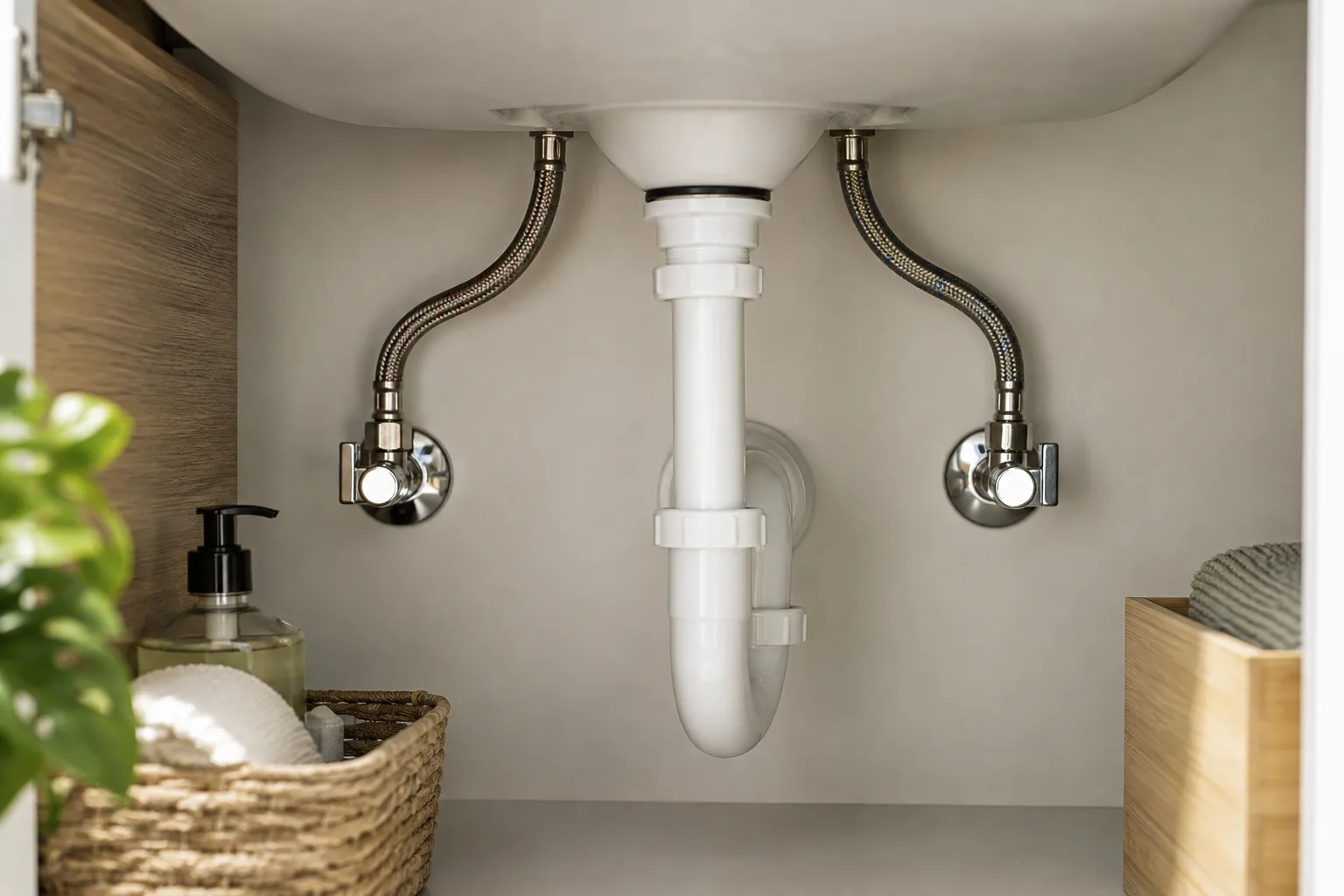 Lavabo altında erişilebilir vanalar ve temiz su hortumları