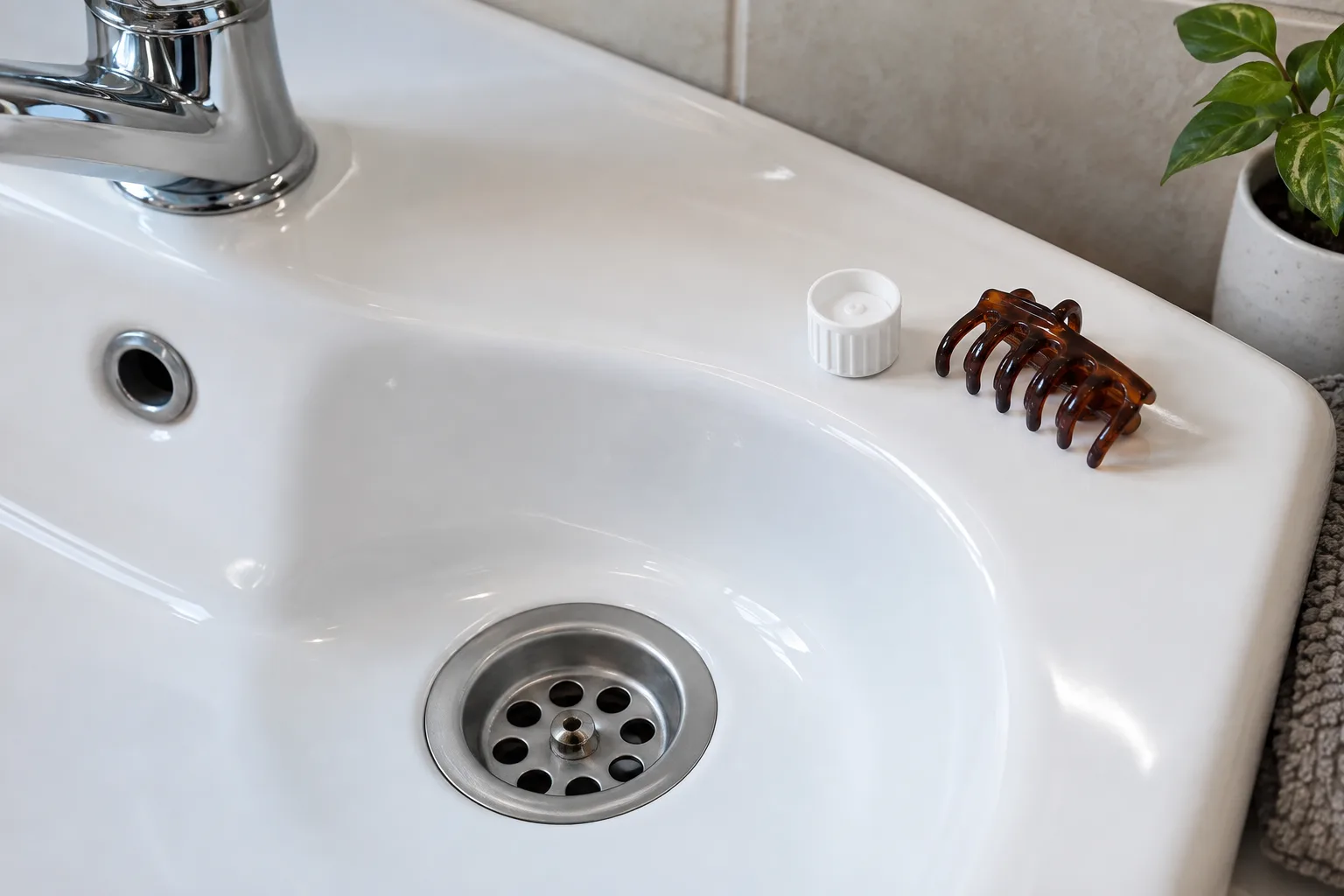 Lavabo gideri yanında küçük kapak ve saç aksesuarı