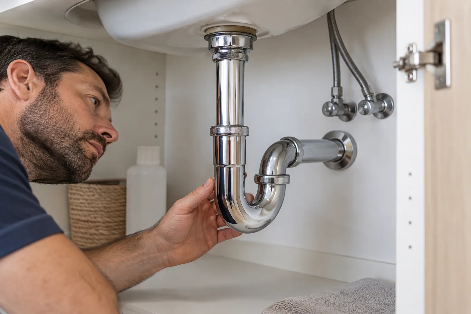 Lavabo altındaki metal sifonun görsel incelemesi