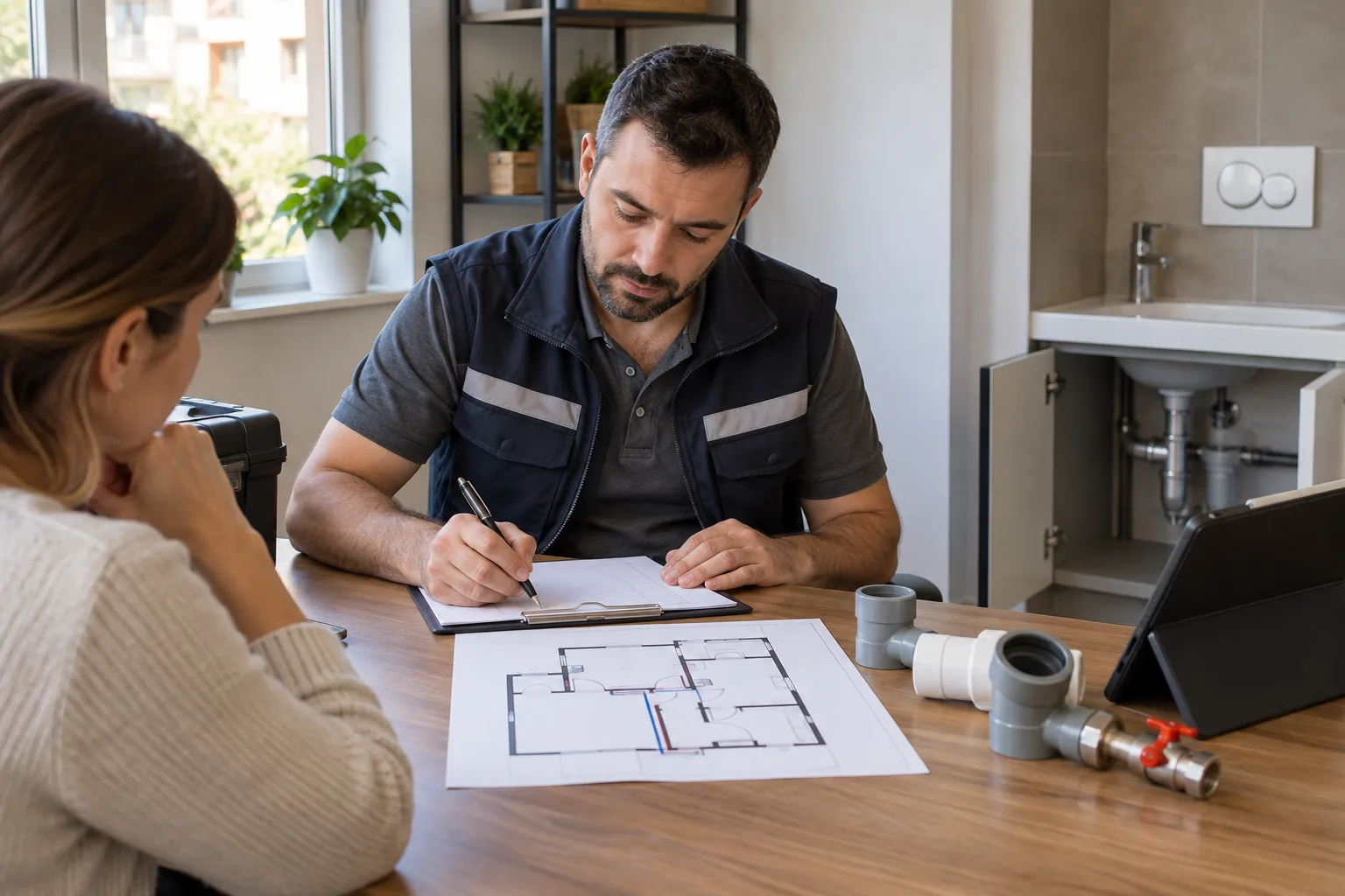 Apartman kullanım planını görüşen yönetici ve uzman