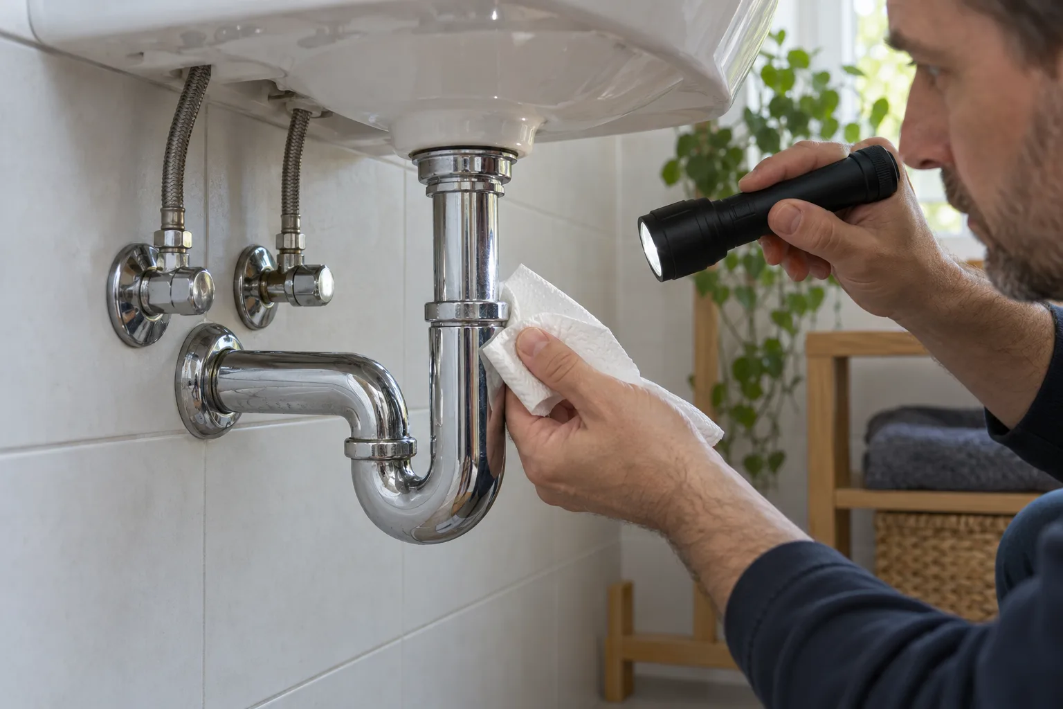 Yeni lavabo gider bağlantısının ışık ve kuru kâğıtla kontrolü