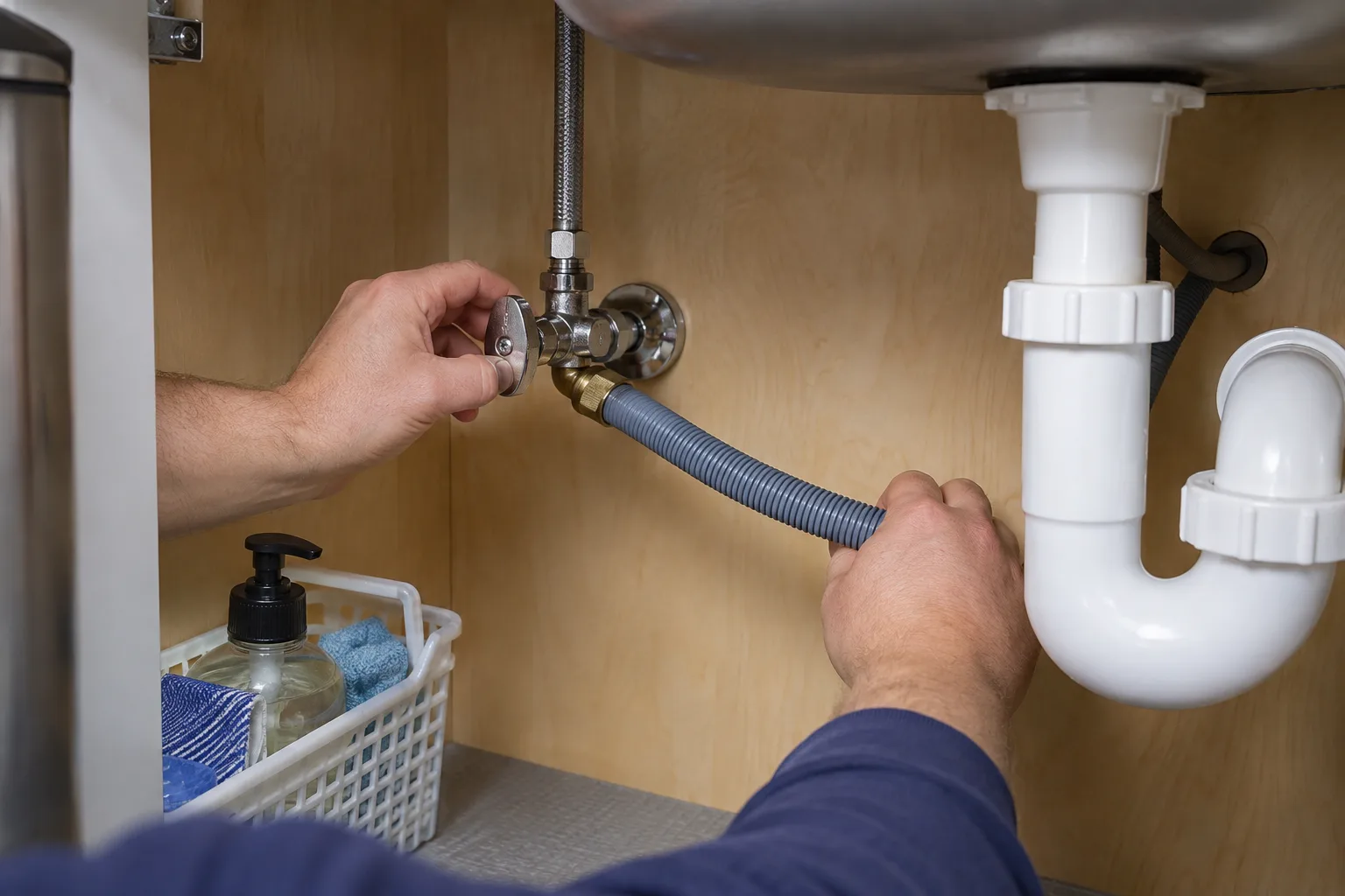 Lavabo altında vana ve bulaşık makinesi besleme hortumu