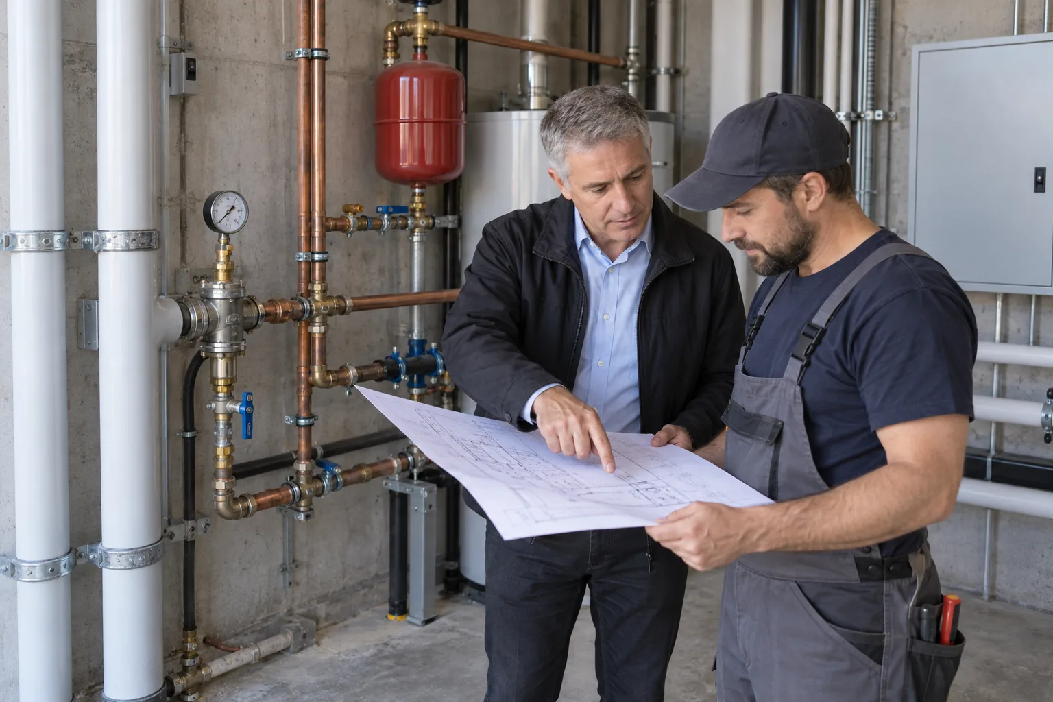 Kaynak ve özel hat güzergâhını plan üzerinde inceleyen iki kişi
