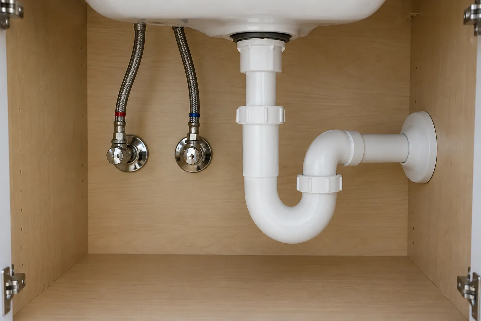 Lavabo altında kuru besleme bağlantıları ve beyaz gider sifonu