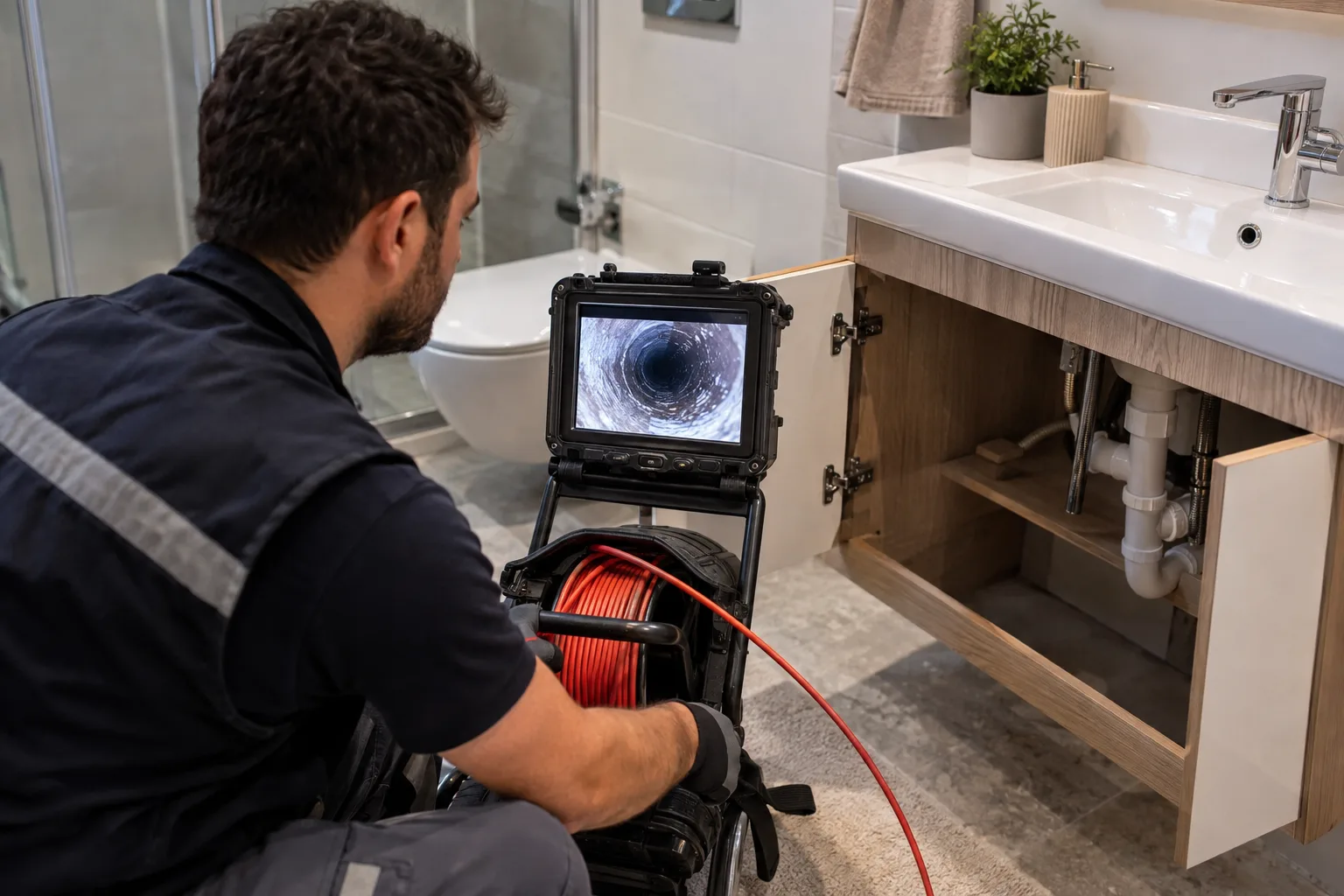 Lavabo geri dönüşü için gider kamerası görüntüsünü değerlendiren uzman