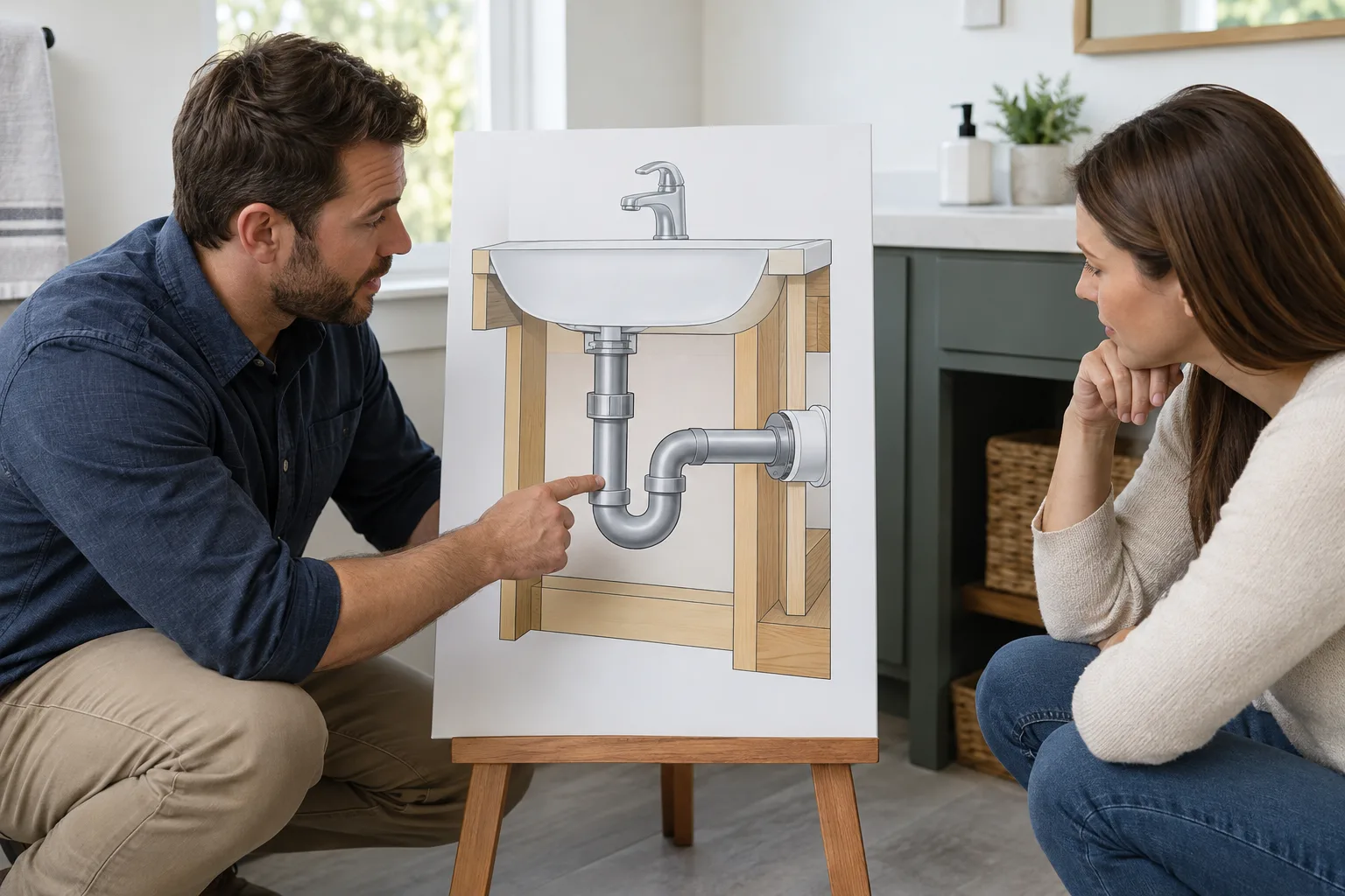 Lavabo altı boru çizimi üzerinden çevre tesisatı inceleyen iki kişi
