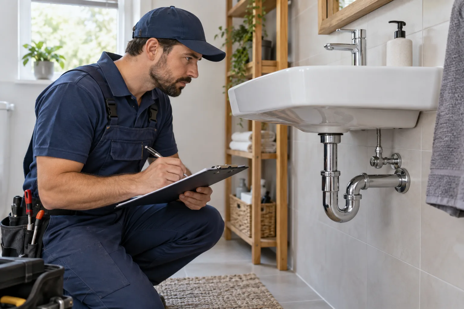 Lavabo ve bağlantılarını inceleyip not alan uzman