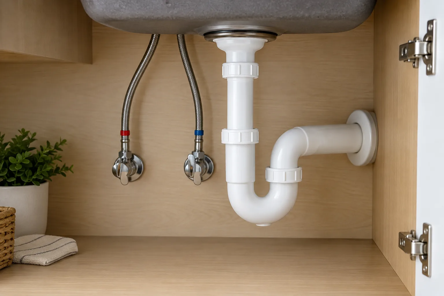 Lavabo altında kuru besleme bağlantıları ve beyaz gider sifonu