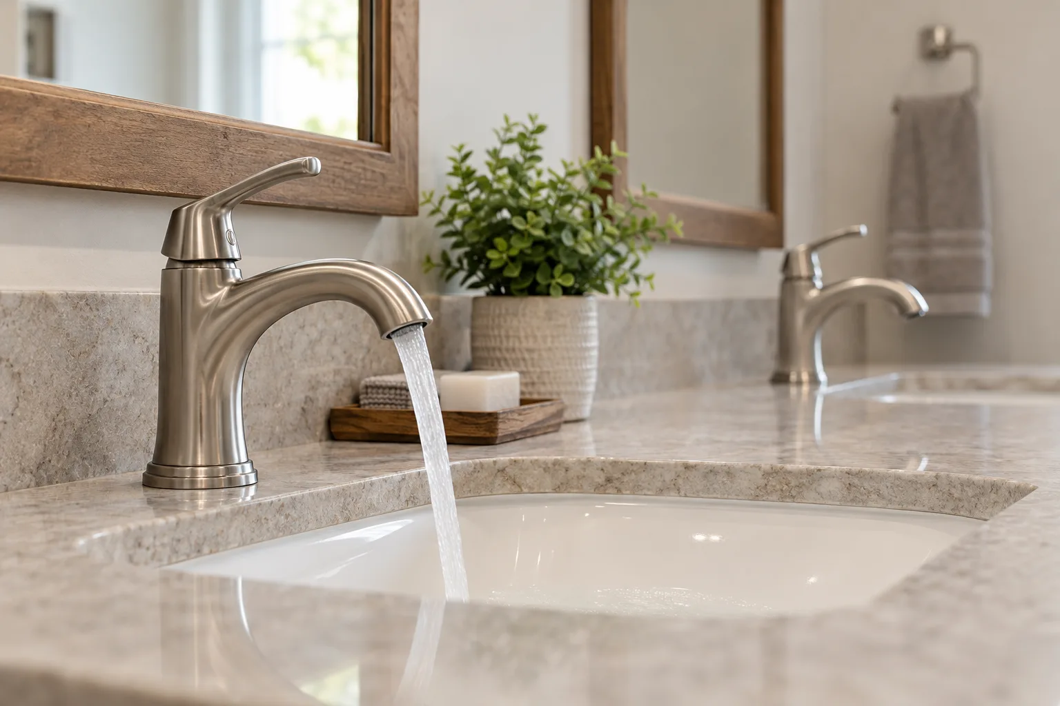Önde akan musluk ve arka planda ikinci lavabo çıkışı