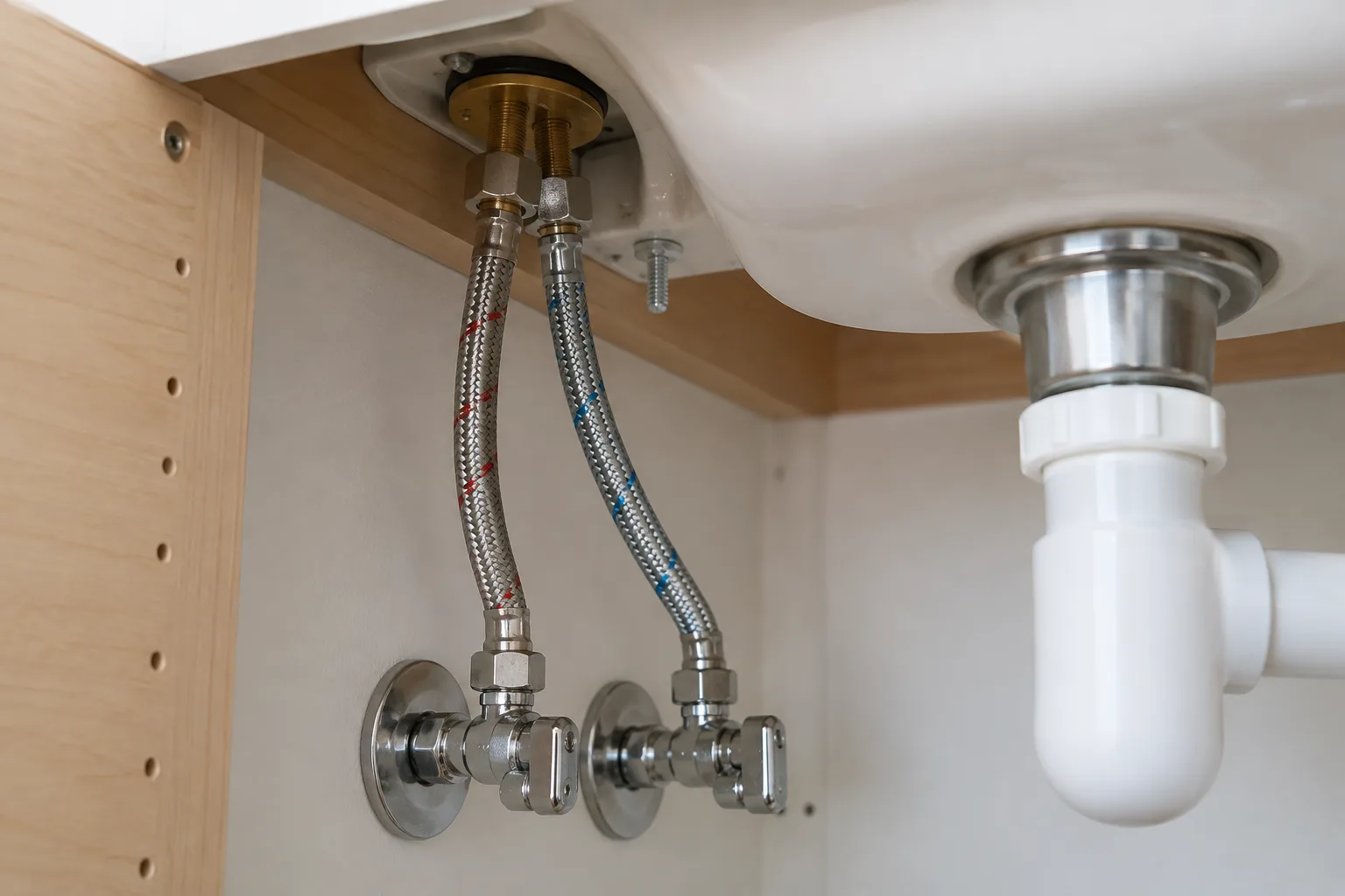 Lavabo altındaki batarya sabitlemesi ve bağlı hortumlar