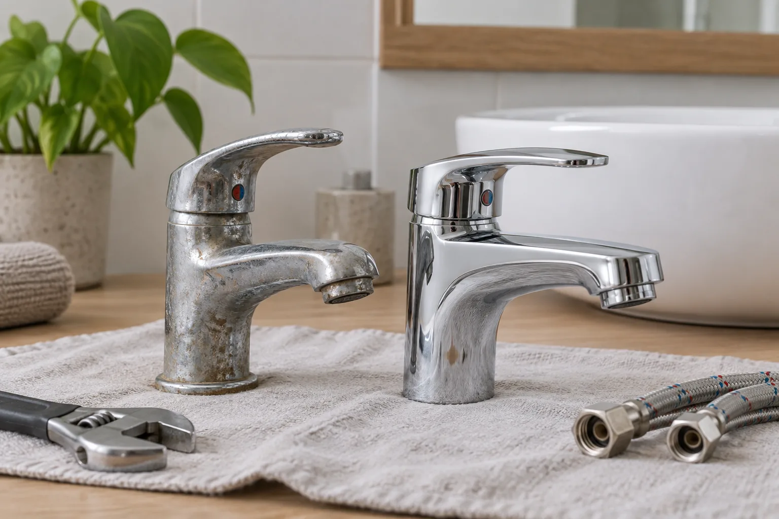 Koruyucu bez üzerinde eski ve yeni lavabo bataryaları