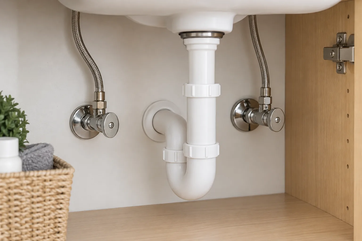 Lavabo dolabında iki besleme vanası ve bağlı hortumlar
