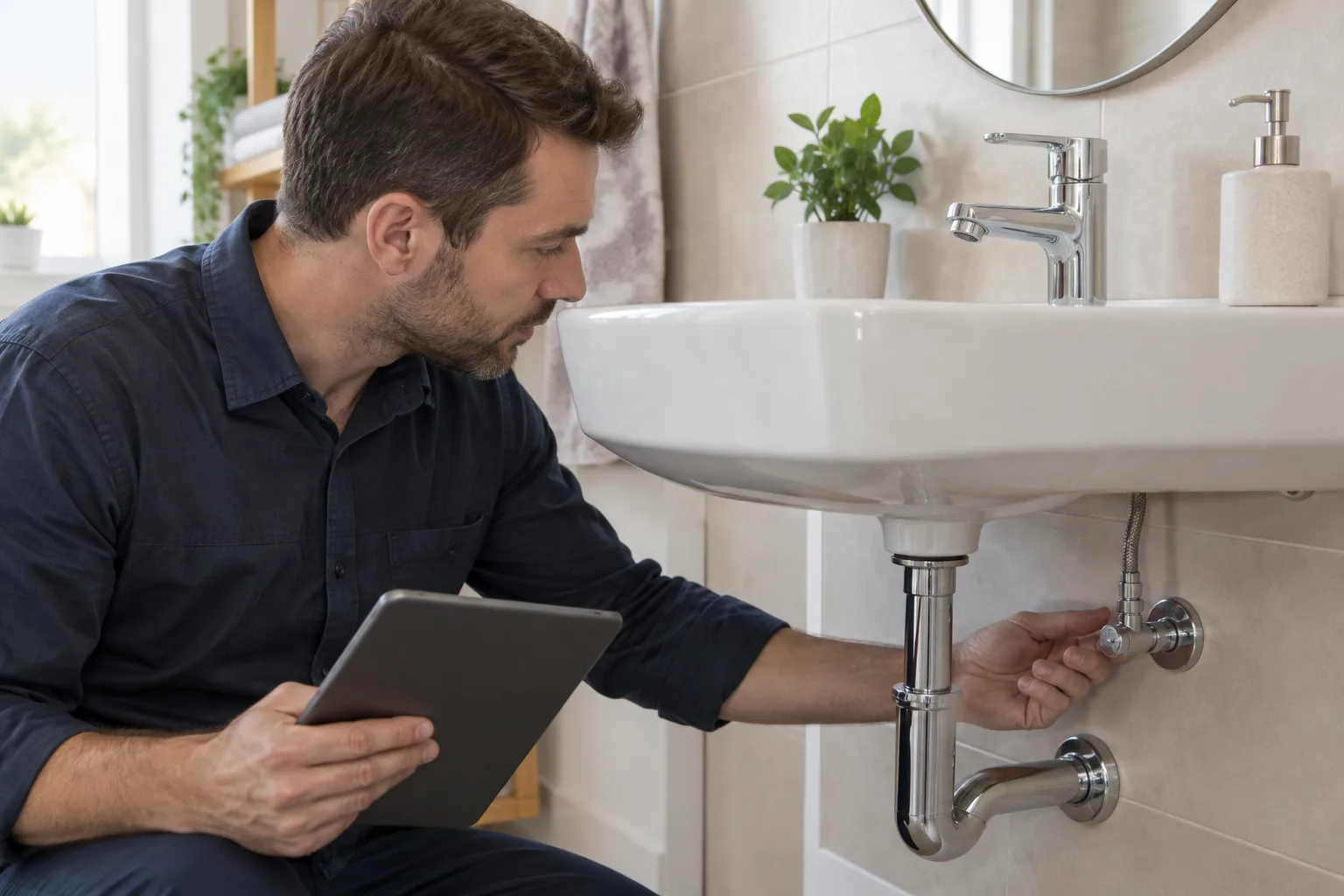Lavabo altındaki görünür bağlantıyı inceleyen kişi