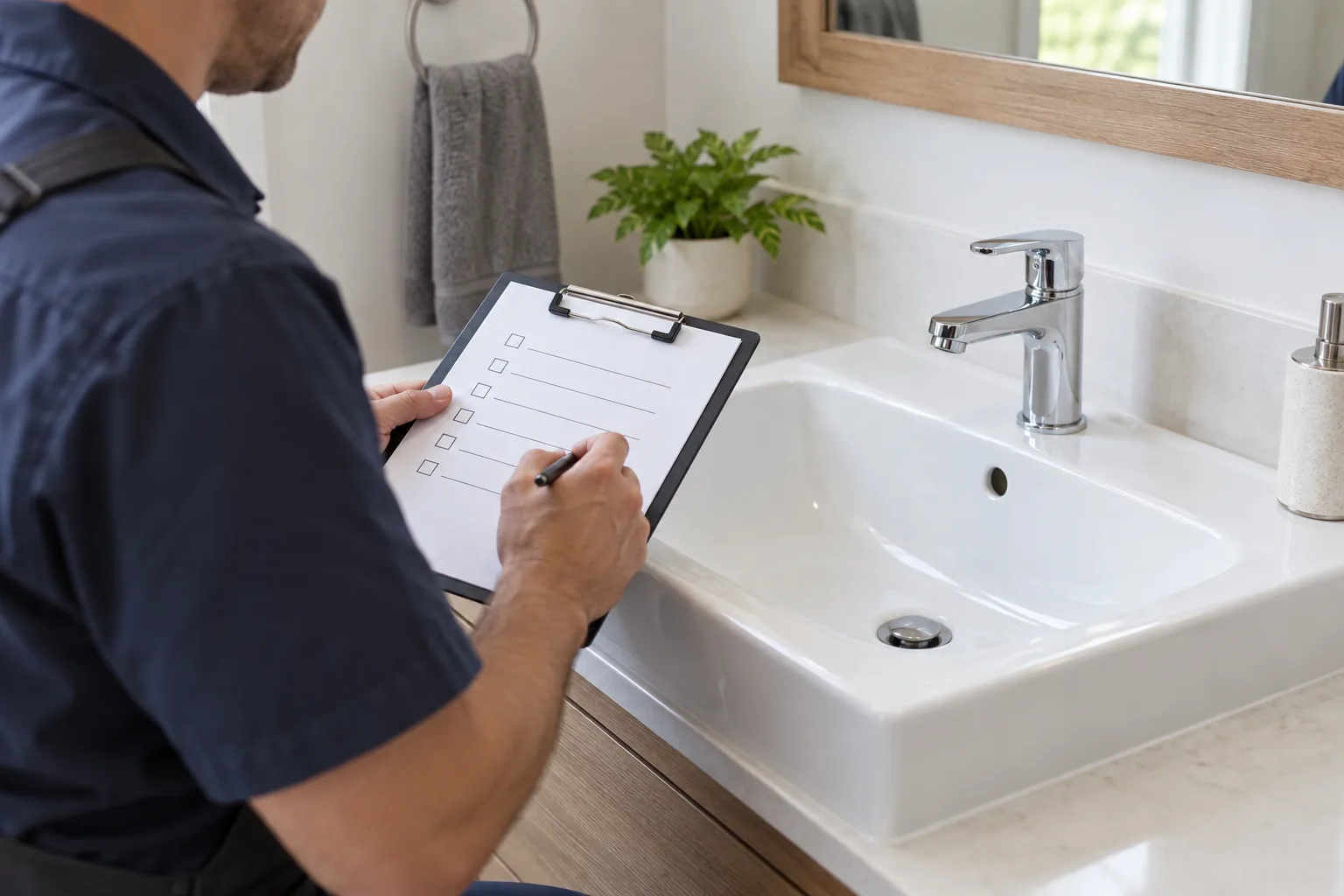 Lavabo musluğu yanında kontrol notu tutan kişi