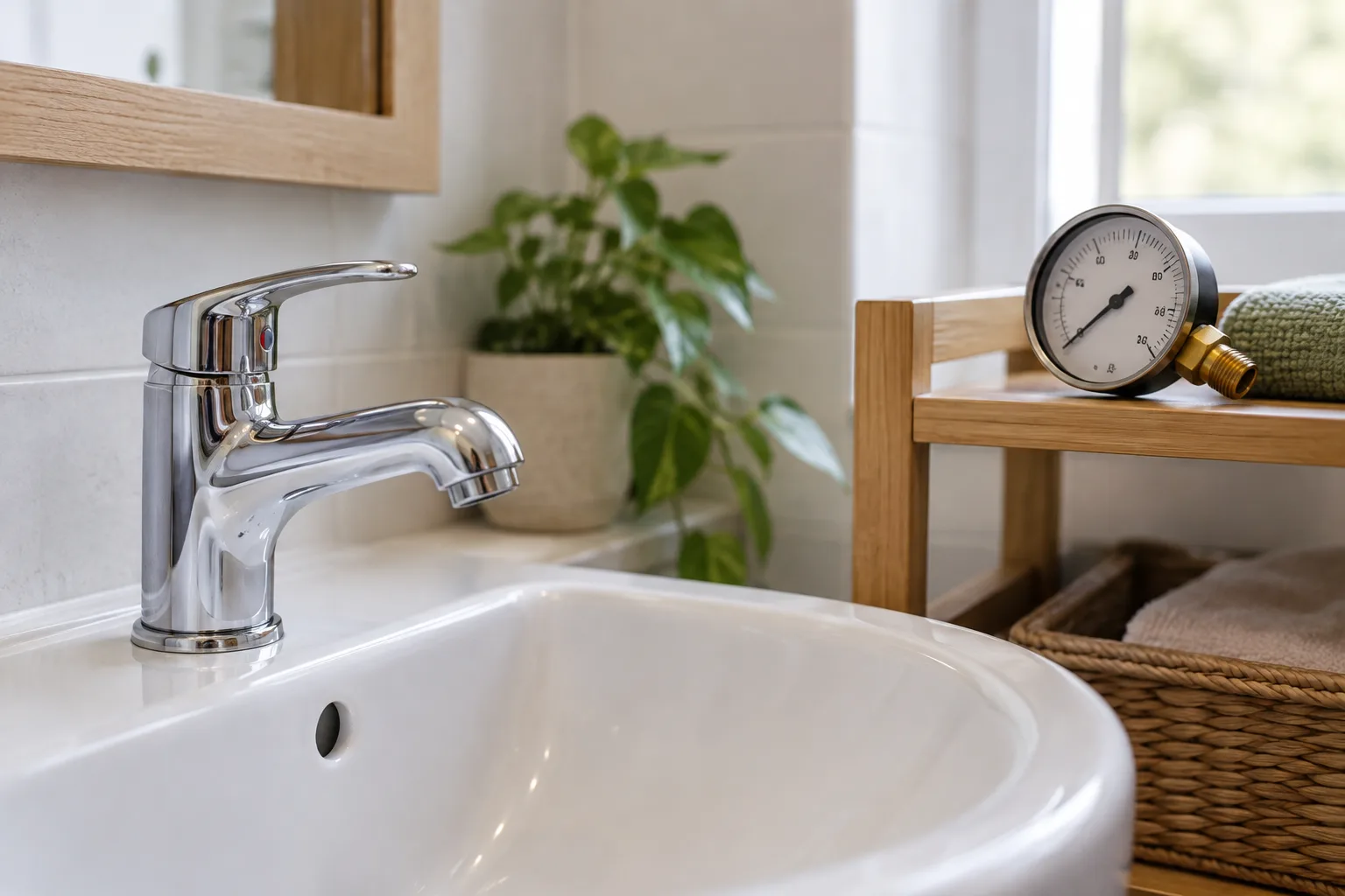 Lavabo musluğu yanında bağlantısız örnek basınç göstergesi