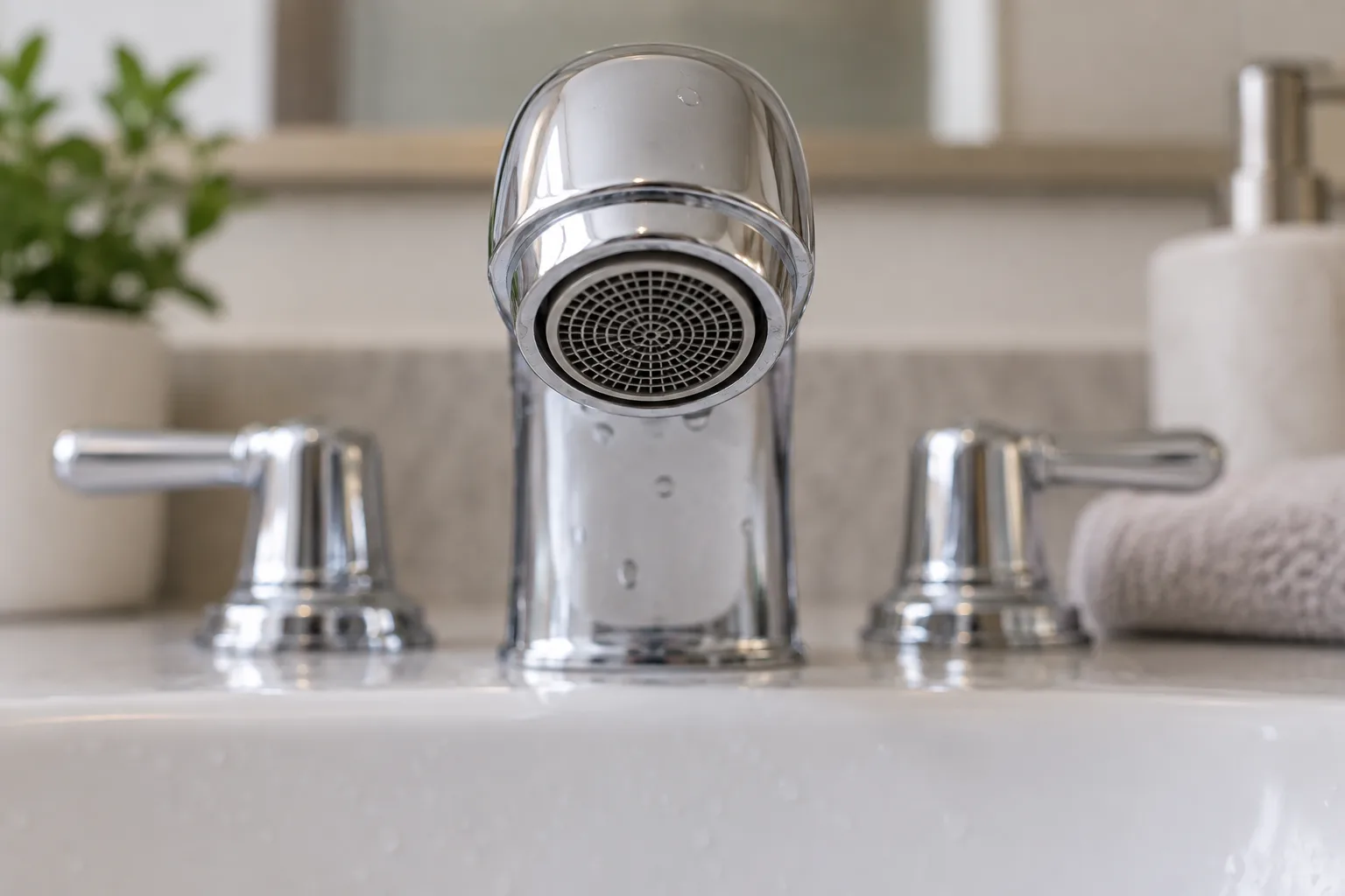Lavabo musluğunun yerinde duran örgü uç düzeninin yakın görünümü