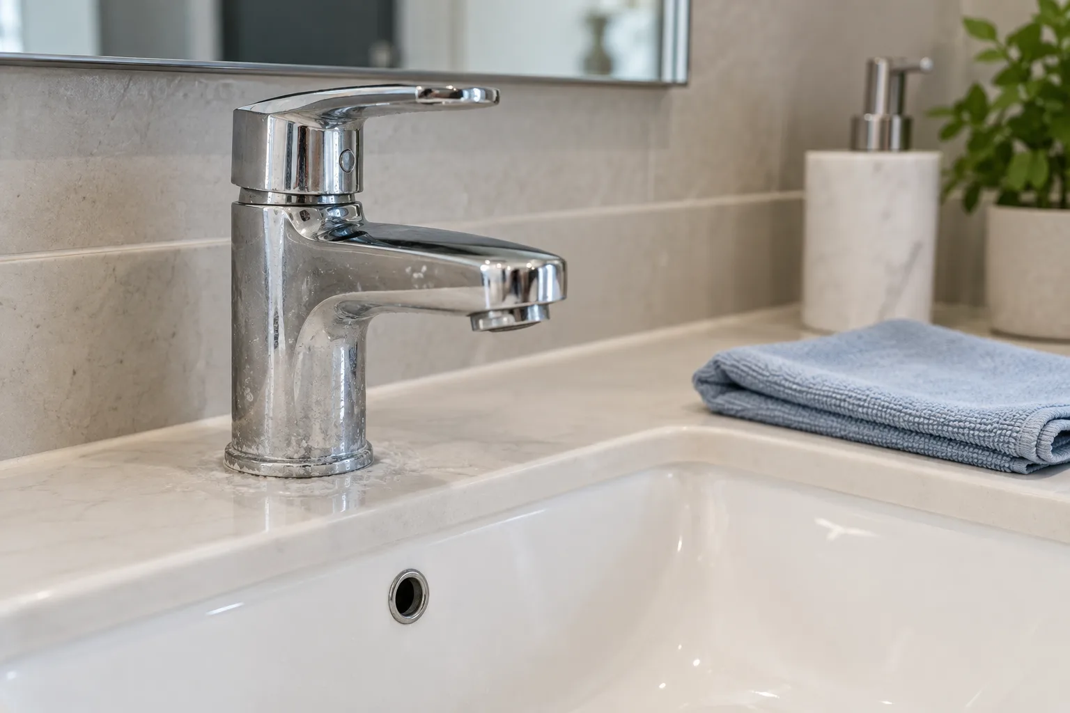 Taban çevresinde kurumuş su izleri bulunan lavabo bataryası ve yanındaki katlanmış bez