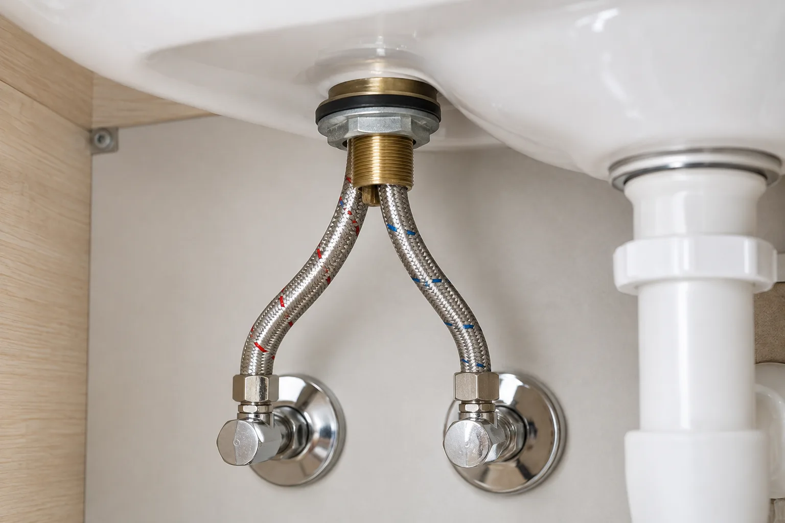 Lavabo altındaki örnek batarya sabitlemesi ve besleme hortumları
