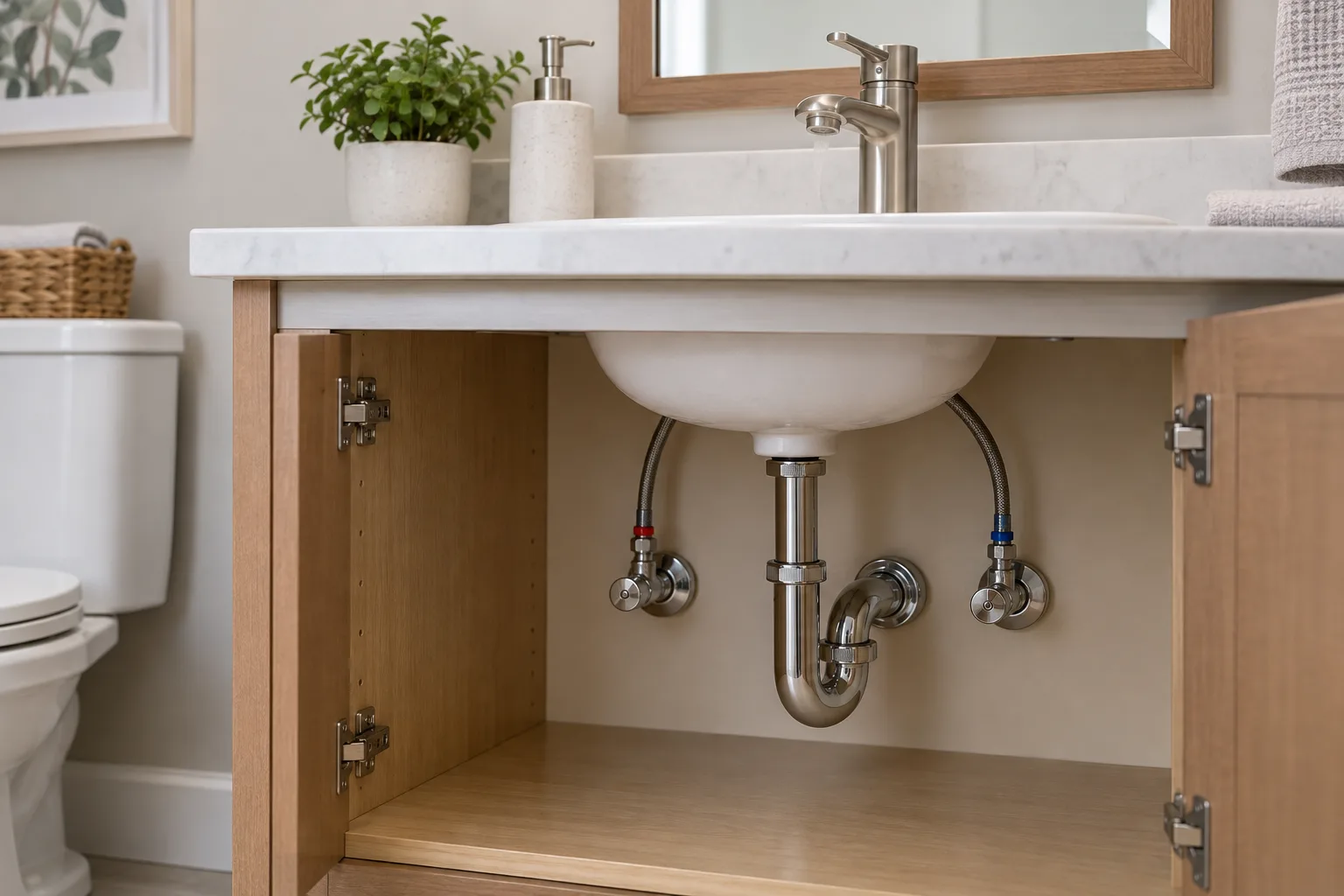 Banyo lavabosu ve açık dolaptaki görünür besleme bağlantıları