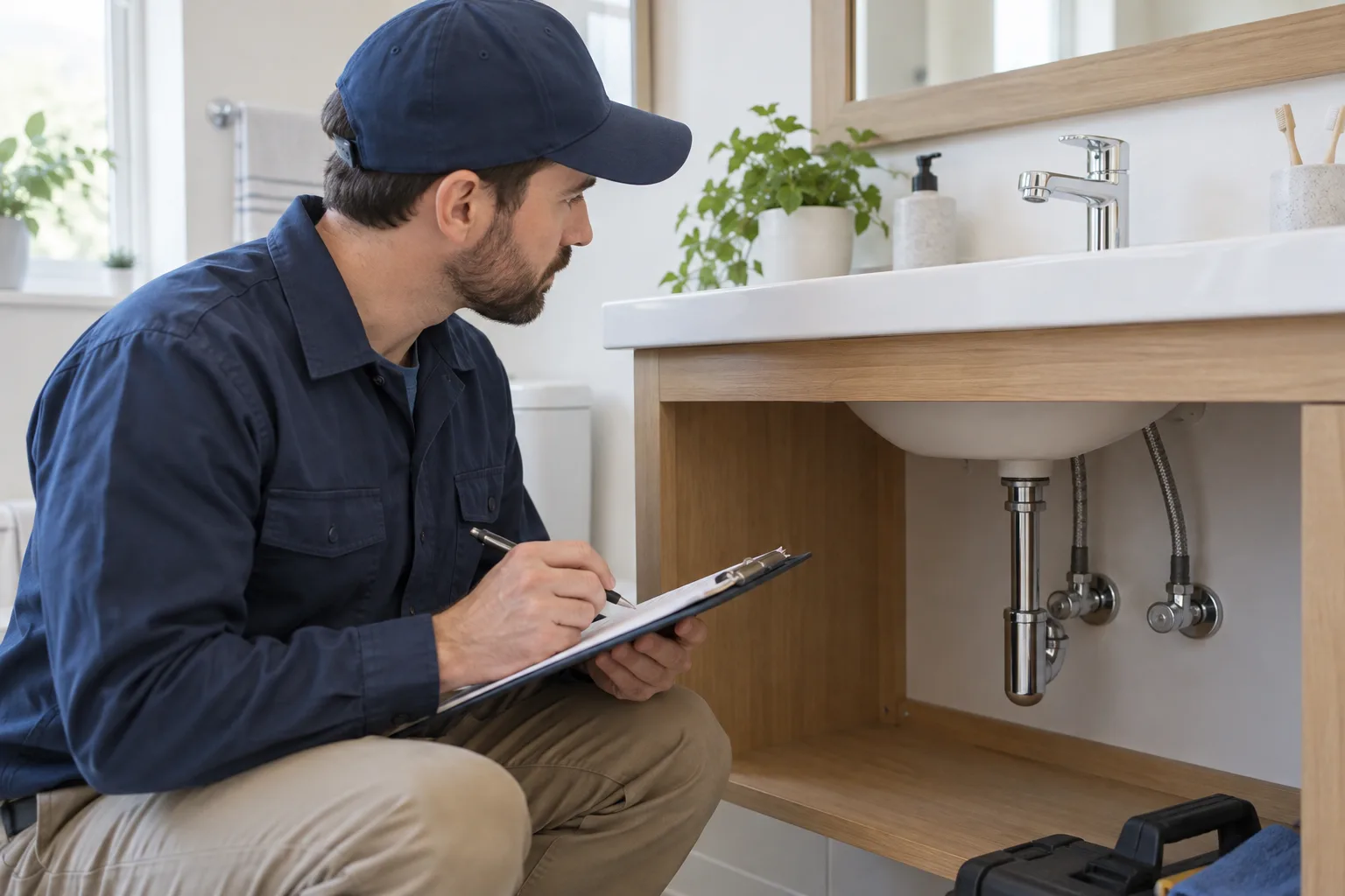 Lavabo altındaki bağlantı incelemesini kaydeden kişi