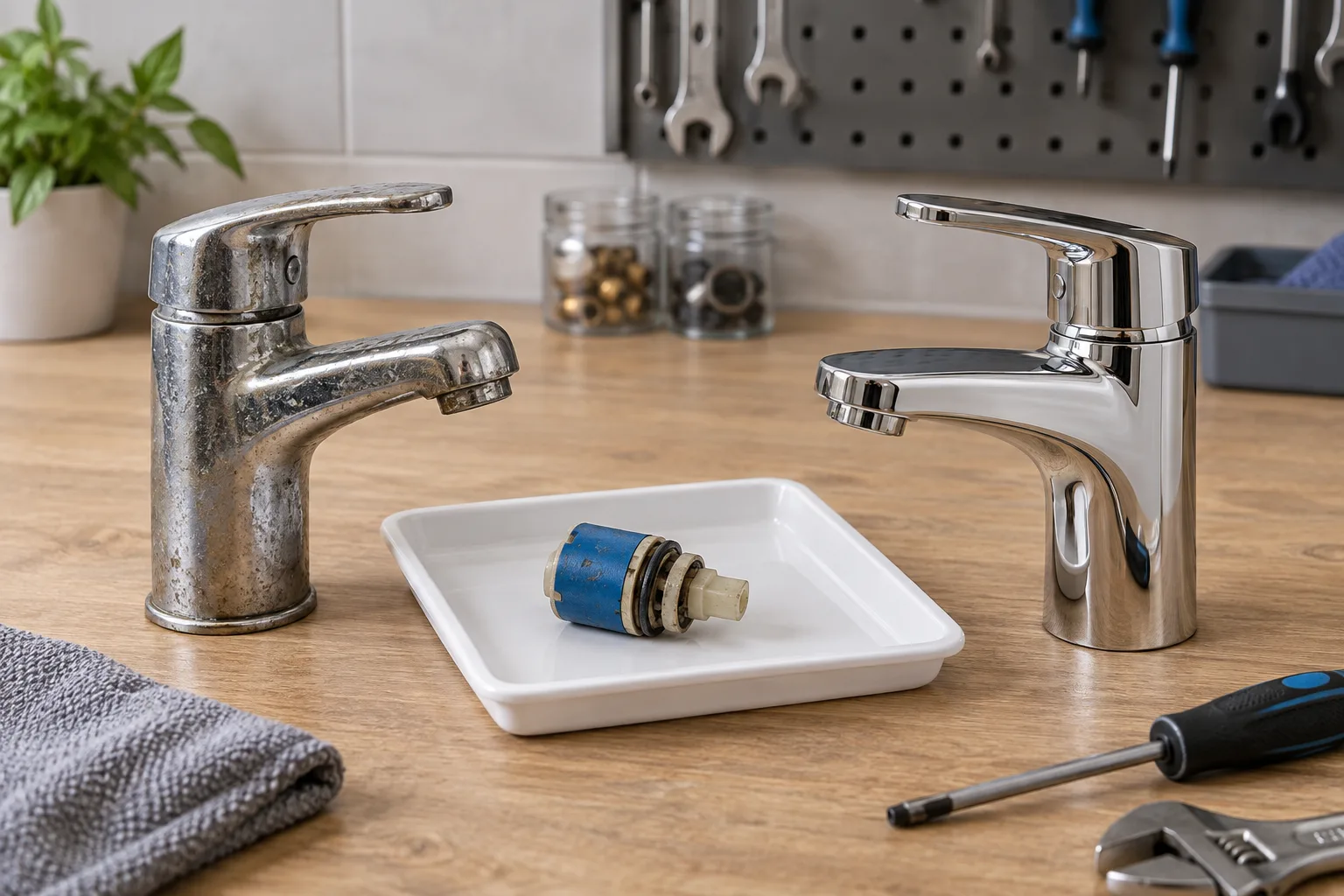 Çalışma tezgâhında eski ve yeni lavabo bataryası ile ayrı tepside duran örnek kartuş