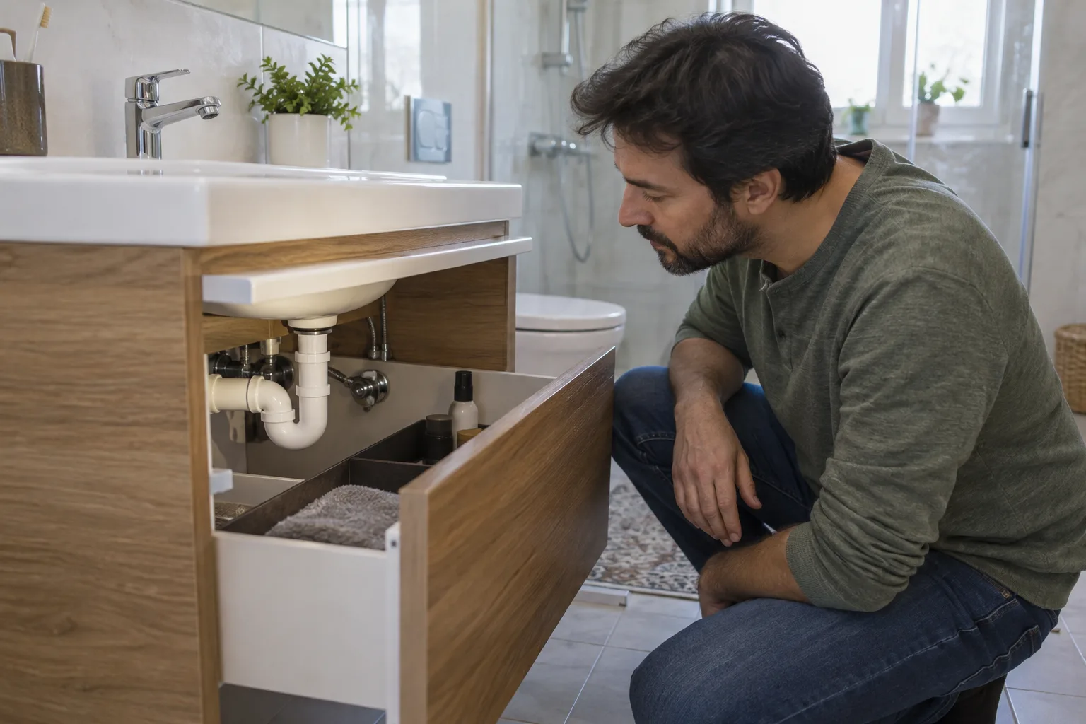 Lavabo dolabındaki görünür bağlantıların sökülmeden incelenmesi