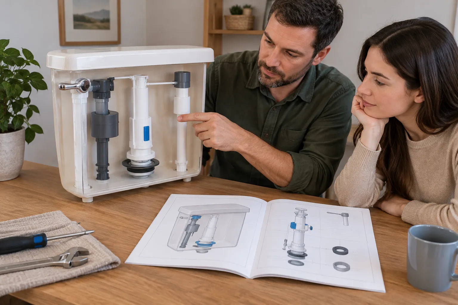 Rezervuar model belgesi ve eğitim elemanını inceleyen iki kişi