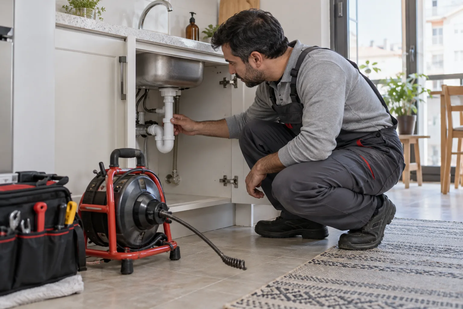 Lavabo giderindeki erişim bağlantısını işlem öncesi inceleyen uzman