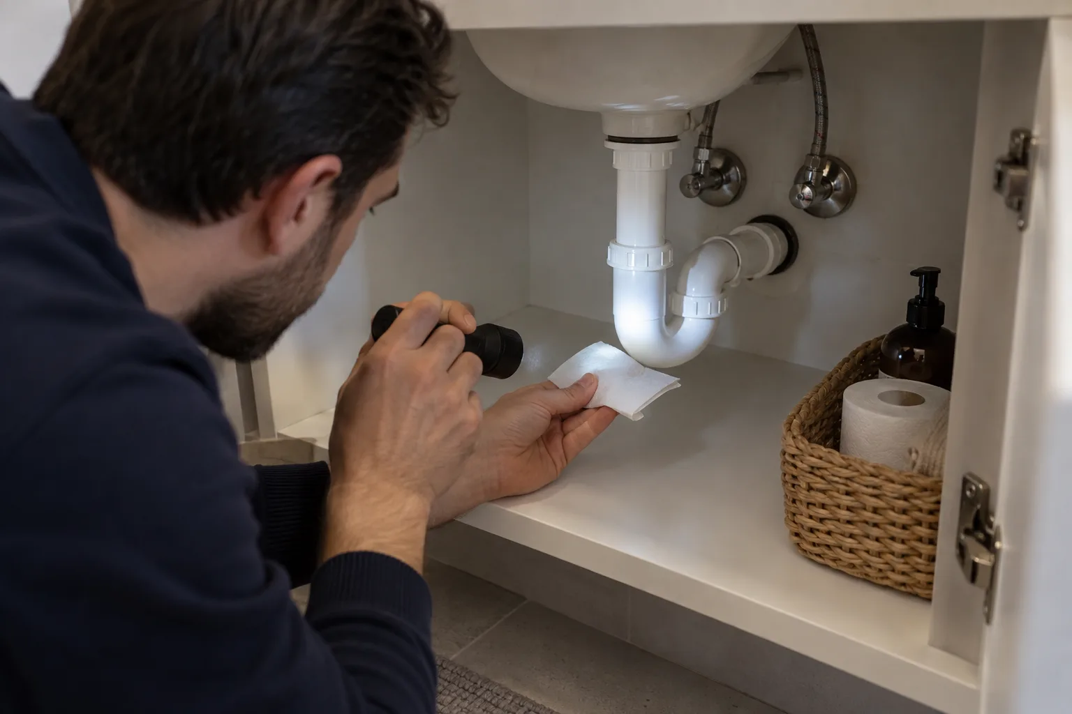Yeni lavabo sifonunun kuru kâğıtla kontrol edilmesi