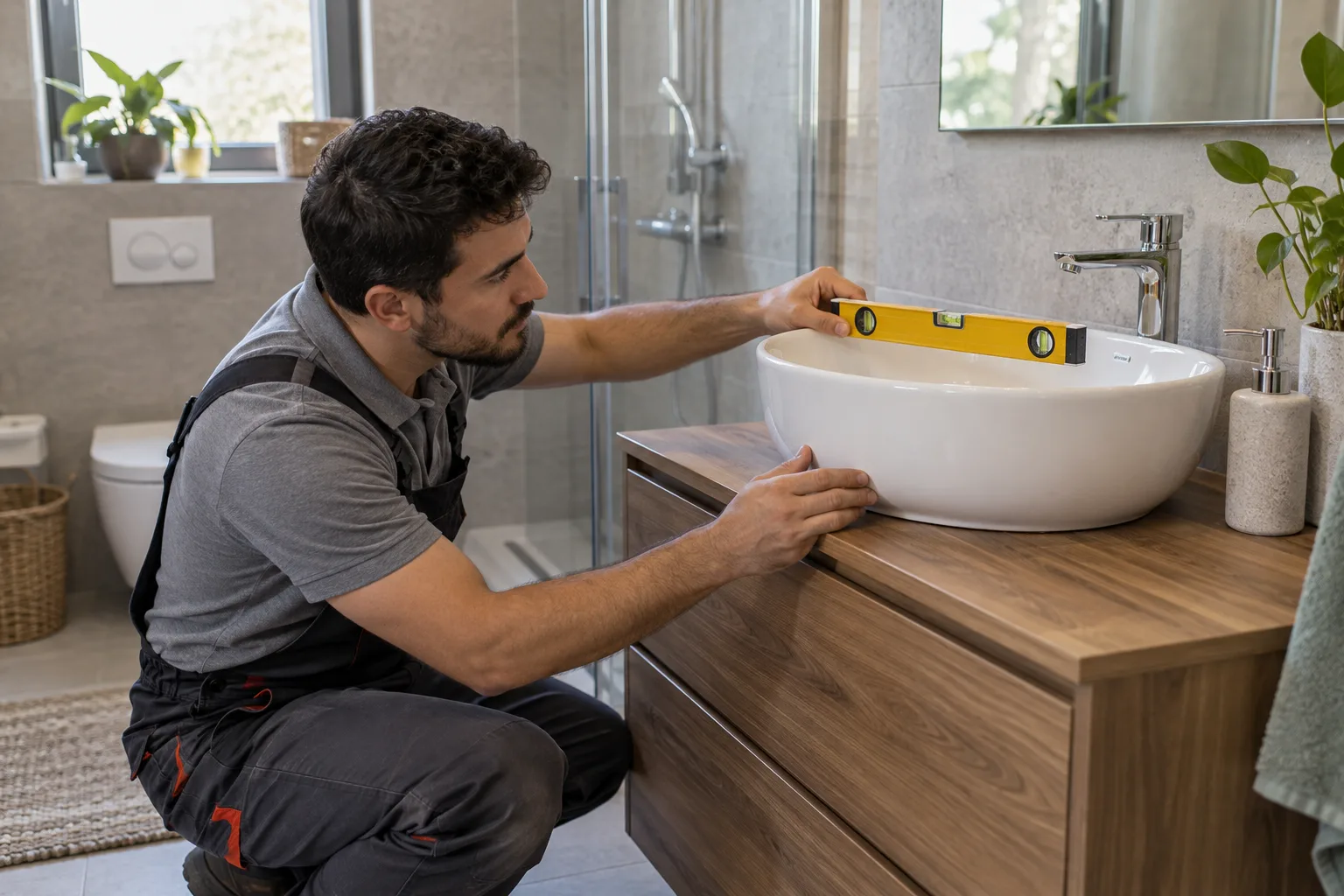 Yeni lavabonun seviyesinin ve sabitlemesinin kontrol edilmesi