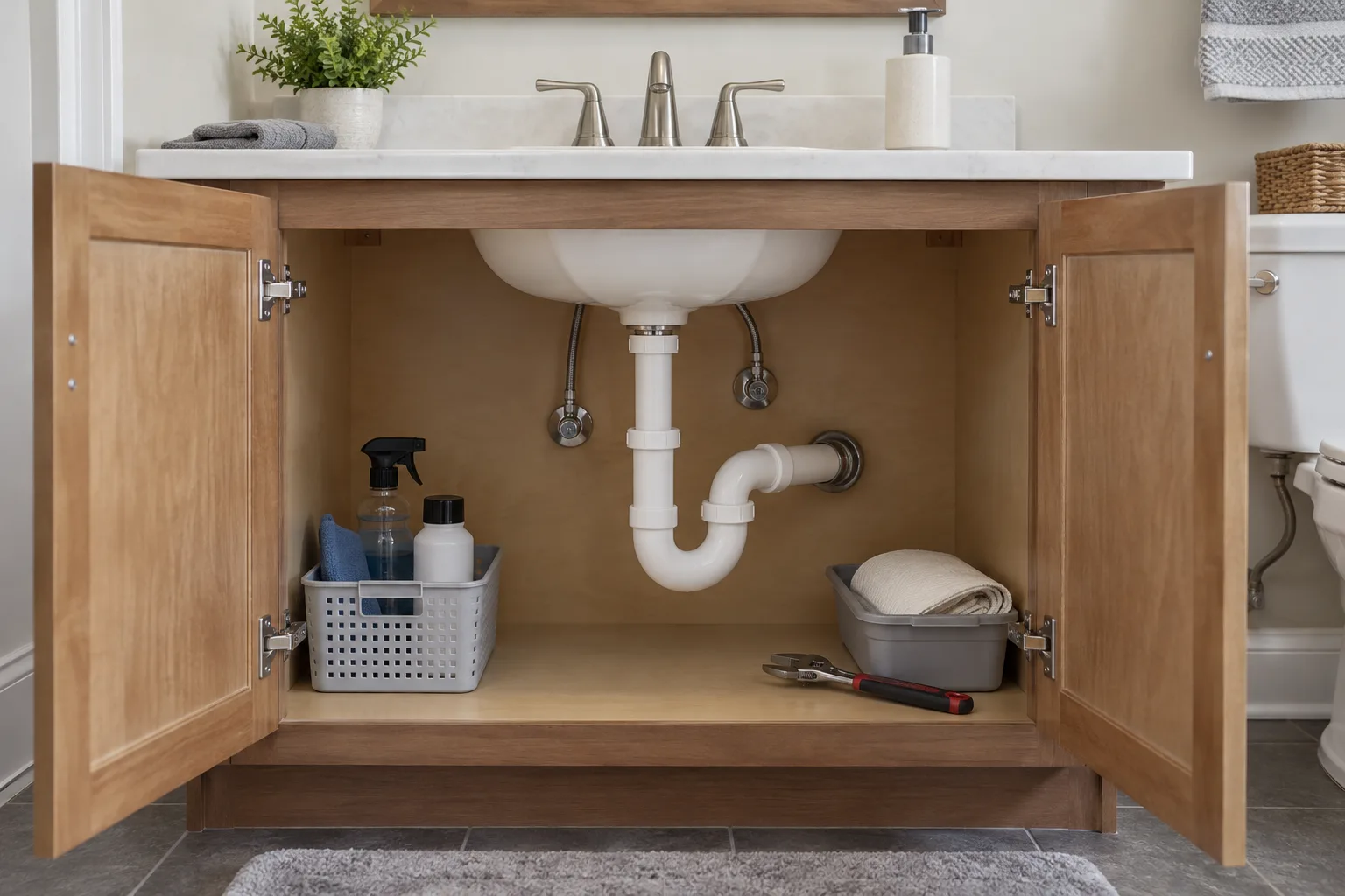 Açık lavabo dolabında ulaşılabilir sifon bağlantısı