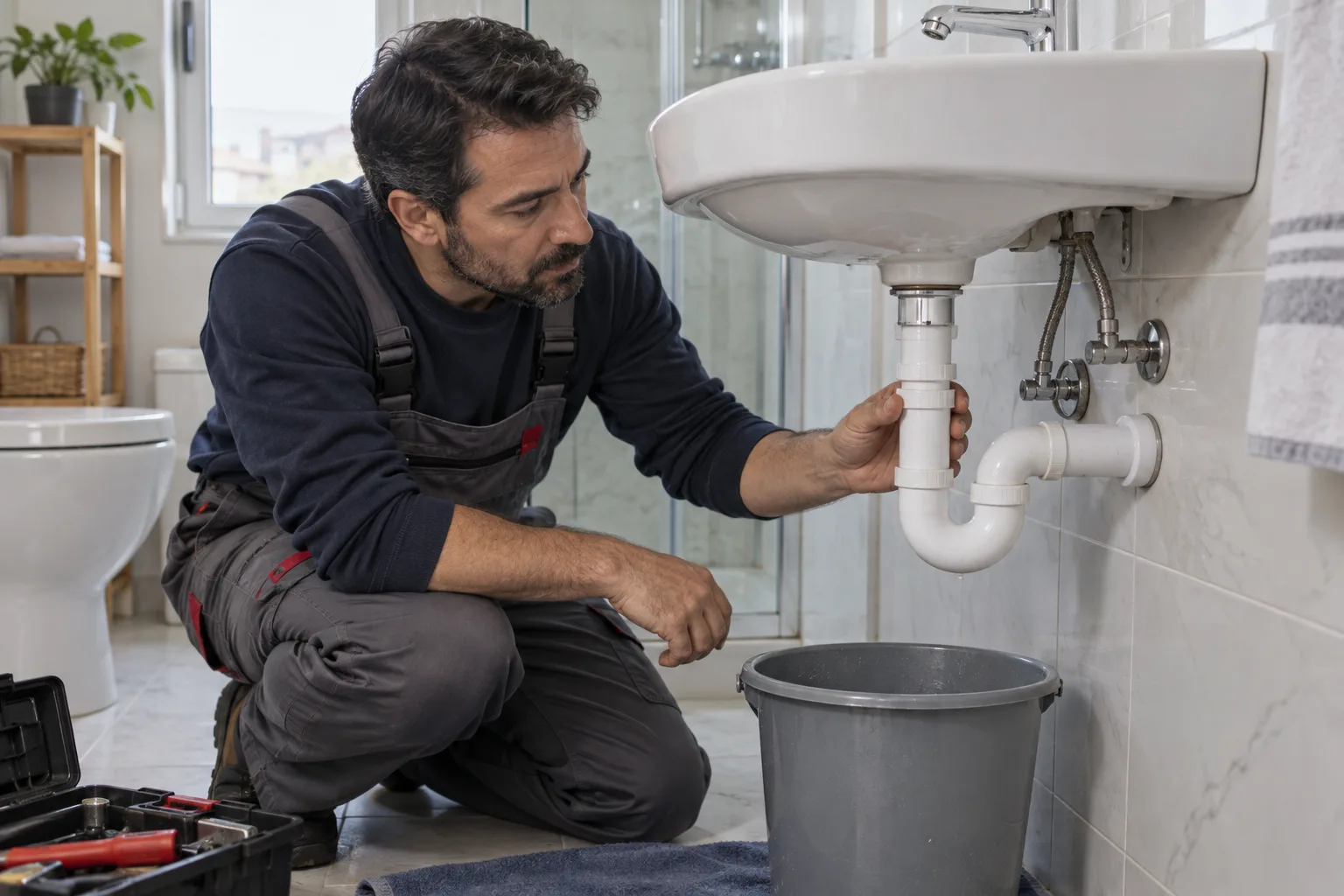 Lavabo sifonunun hizasını ve görünür bağlantılarını inceleyen uzman