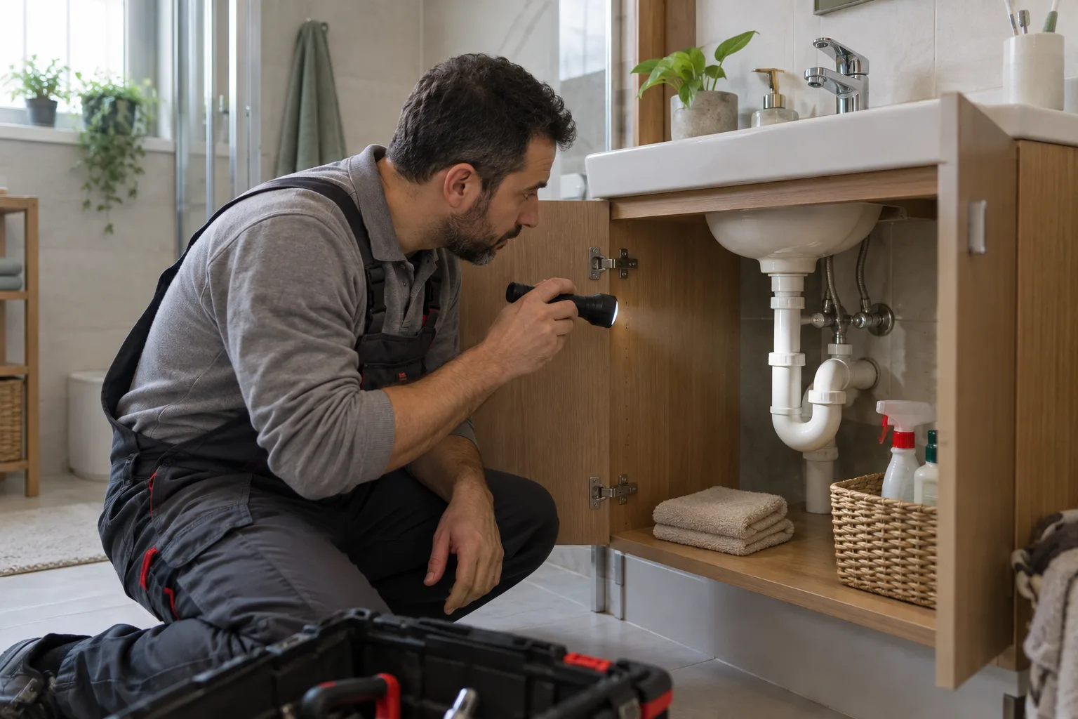 Açık dolaptaki lavabo sifonunu ışıkla inceleyen uzman