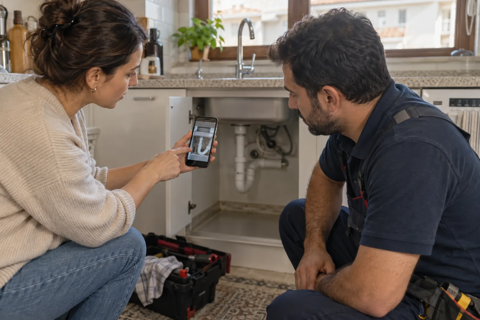 Tıkalı giderin fotoğrafını tesisat uzmanına gösteren kullanıcı
