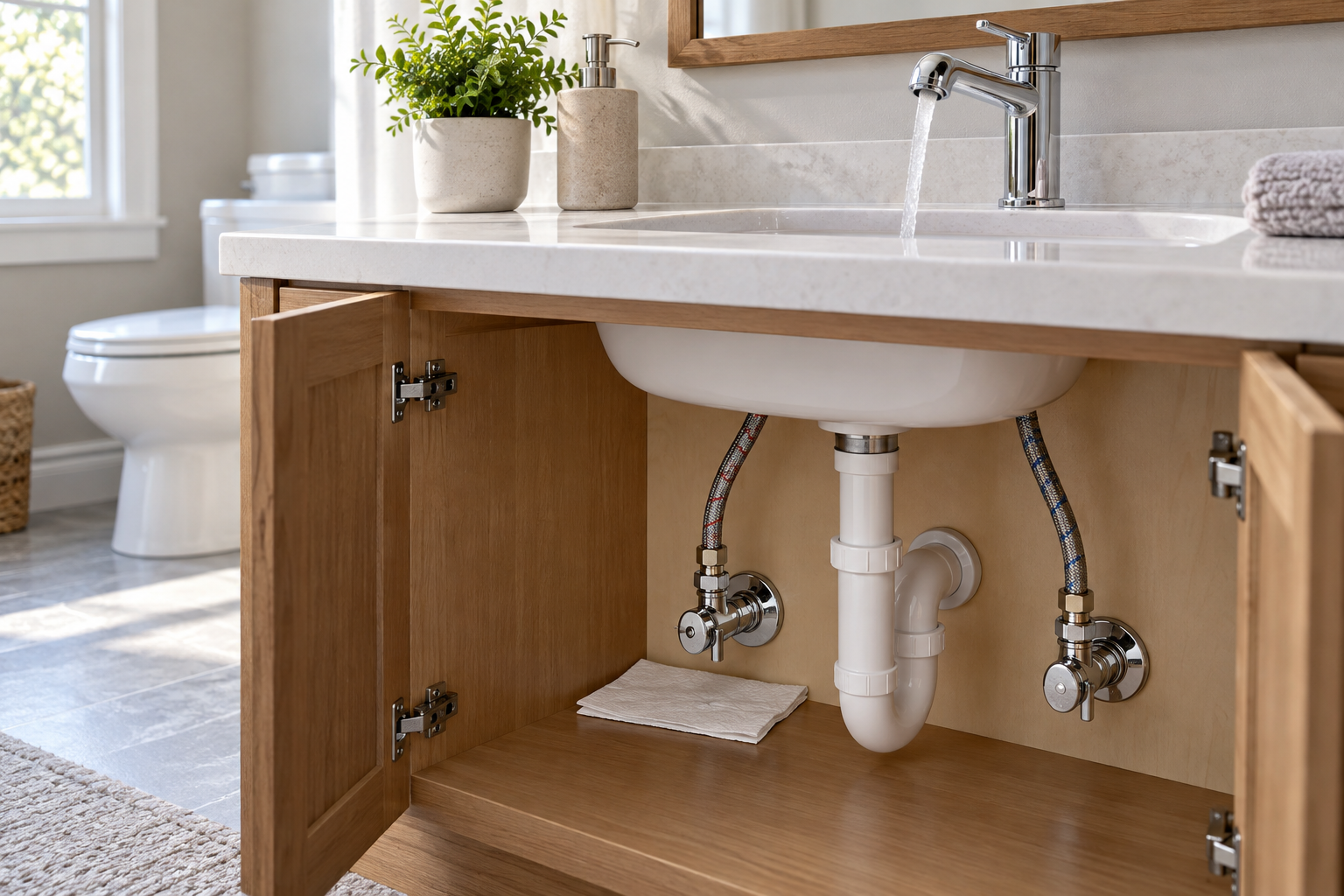 Çalışan lavabo bataryası altında kuru hortum birleşimleri ve kontrol mendili