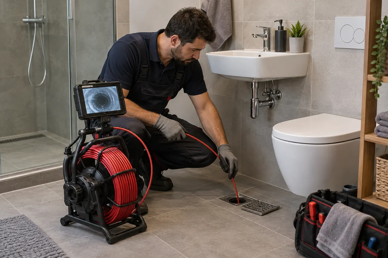 Banyo bağlantılarının bulunduğu hizmet alanında gider incelemesi yapan teknisyen.