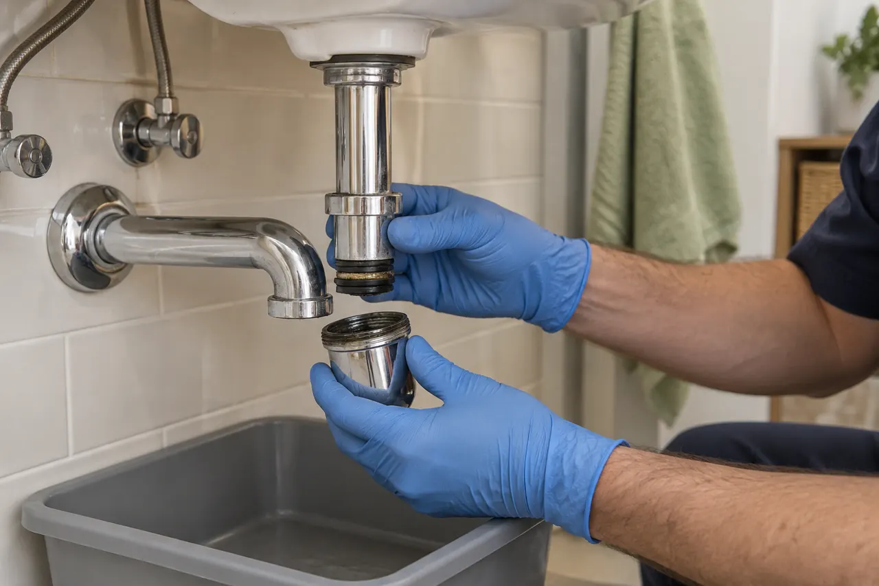 Lavabo sifonunun bağlantısını korumalı alanda inceleyen eller.
