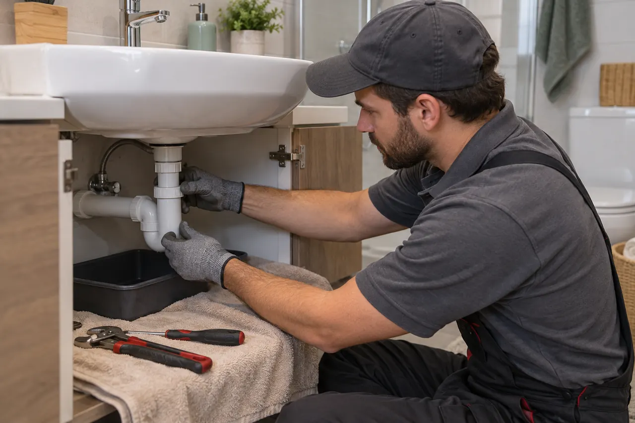 Banyo lavabosunun erişilebilir atık su bağlantısını toplama tepsisiyle kontrol eden teknisyen.