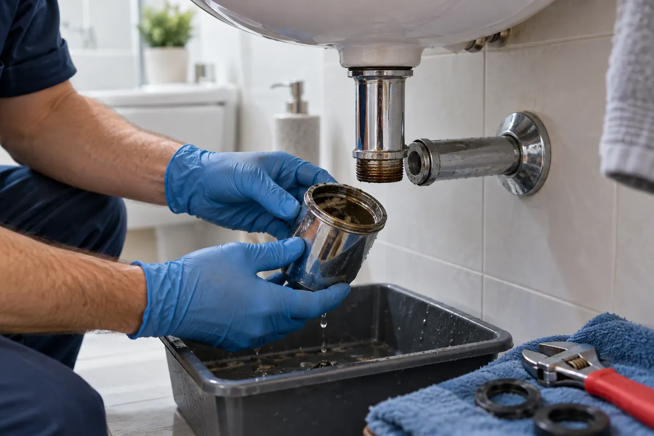 Lavabo sifonunun erişilebilir bölümünü toplama tepsisi üzerinde inceleyen eller.