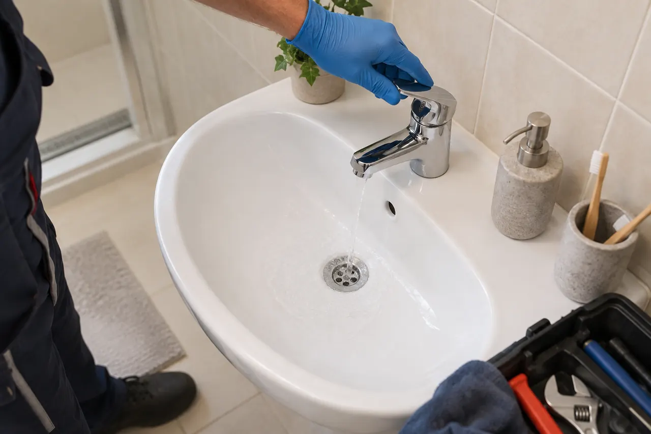 Banyo lavabosunun gider ağzında ölçülü suyla akış kontrolü.