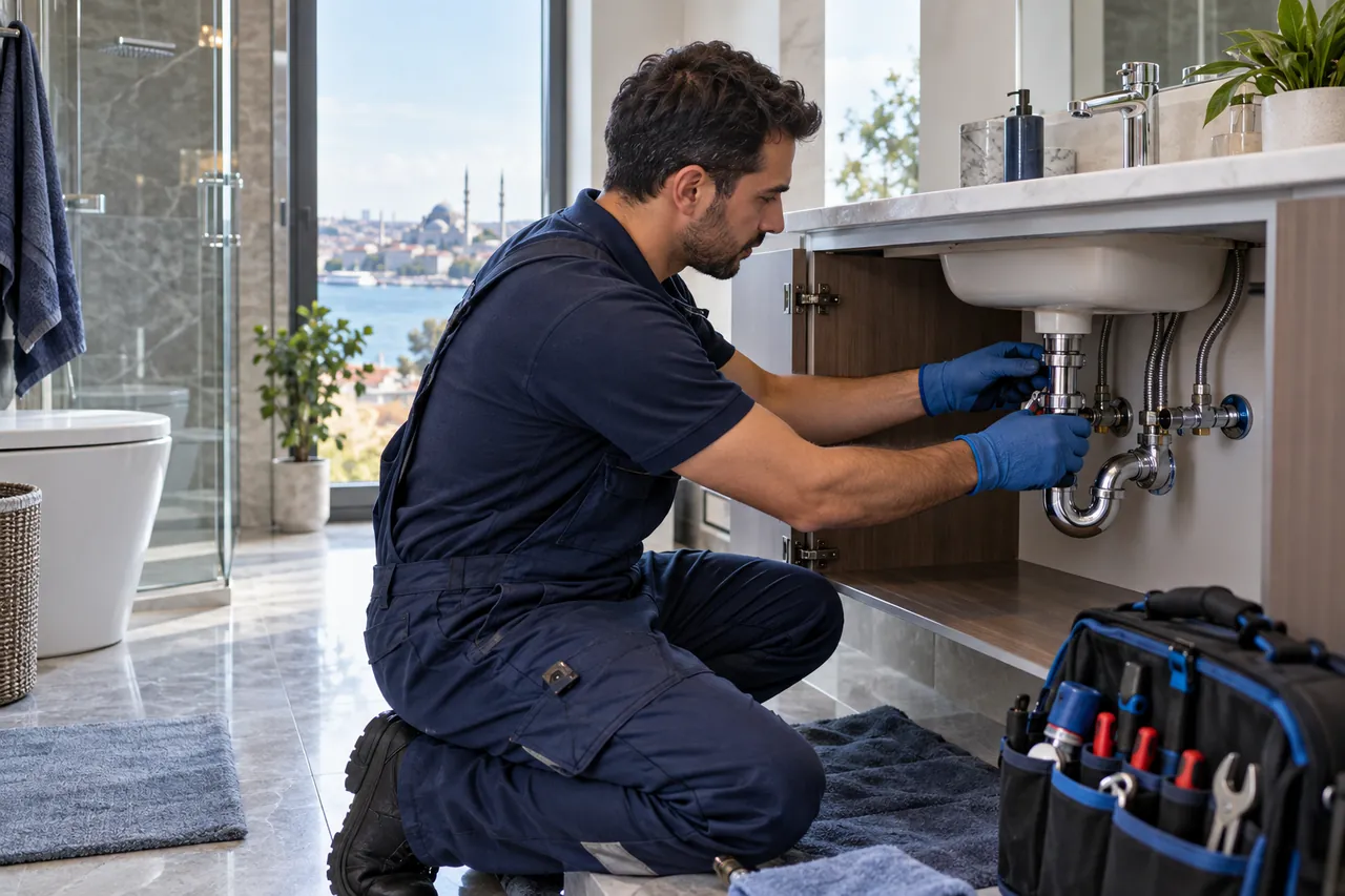 Banyo lavabosu altındaki su ve gider bağlantılarını kontrol eden tesisatçı.