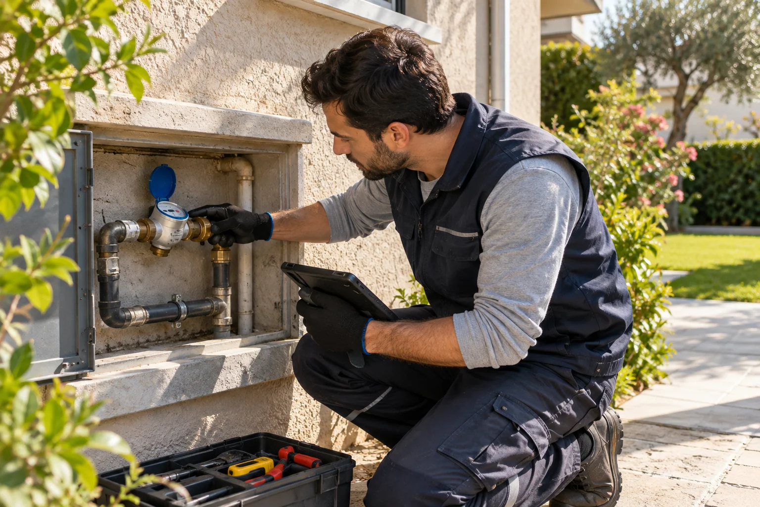 Dış servis dolabındaki su sayacını ve bağlantıları kontrol eden teknisyen; temsili görsel
