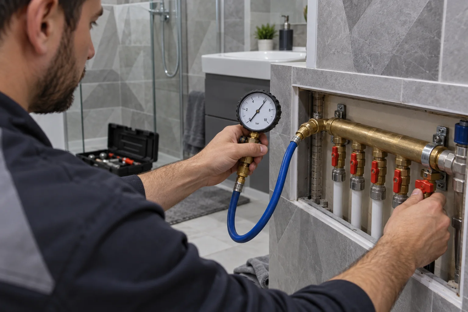 Banyo su dağıtım hattında basınç göstergesiyle test yapan teknisyen; temsili görsel