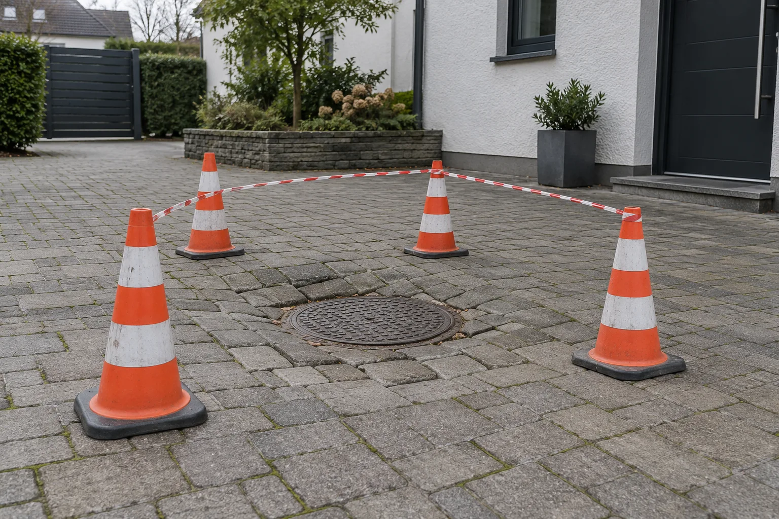 Kapalı kanal kapağı yakınındaki çökmüş parke alanının güvenlik konileriyle ayrılması